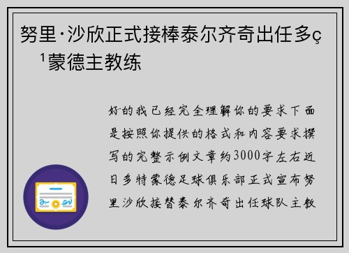努里·沙欣正式接棒泰尔齐奇出任多特蒙德主教练
